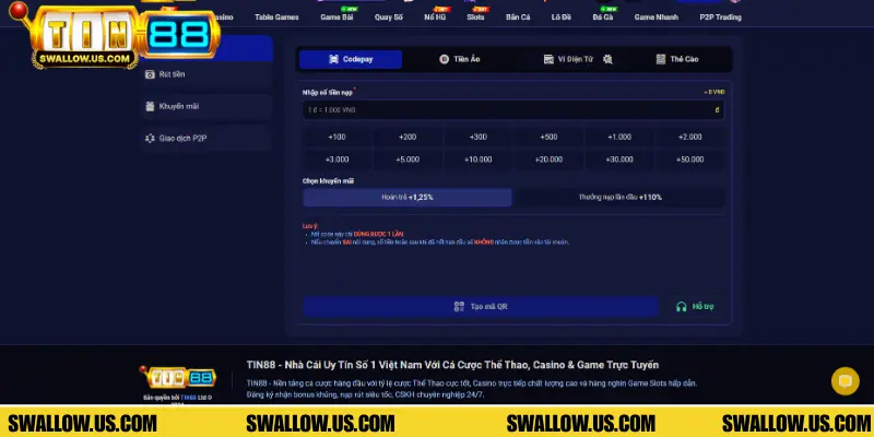 Các bước thực hiện giao dịch nạp tiền nhanh chóng tại TIN88